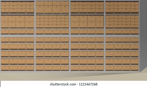 Rows of shelves filled with cardboard closed boxes. Warehouse or delivery background. Vector illustration in flat style