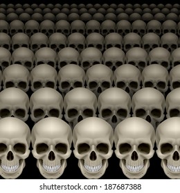 Rows of skulls on black. Scary and spooky background