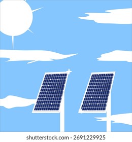 Reihen von Sonnenkollektoren, die Sonnenlicht absorbieren, die erneuerbare Energietechnologie in Wissenschaft und Umwelt darstellen, flacher Kunststil.
