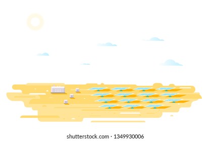 Rows of solar panels in desert, renewable energy concept illustration in flat style isolated