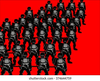 Rows of soldiers standing shoulder to shoulder, concept of  war, illustration on red