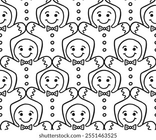 rows of sweet cookies gingerbread men with smily faces icing and buttons black and white linear vector food  seamless pattern isolated on white background