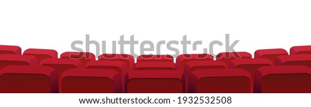 Rows of theater movie or cinema seats isolated on white. Vector blank screen, red velvet chairs in conference hall, opera or auditorium. Premier showtime comfortable seating, entertainment performance