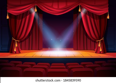 Rows of theater seats, classic stages with curtains and spotlights. Vector festive scene with lights and screen. Concert, dance event show, performance or music festival, illumination and decorations