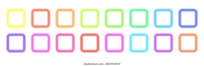 Rows of transparent neon glowing squares in multiple bright colors arranged on white background on transparent background