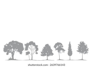 Rows of tree silhouettes standing parallel beside the road. vector illustration