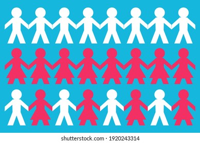 Rows Of White And Red Paper People Holding Hands On A Blue Background - Vector Illustration