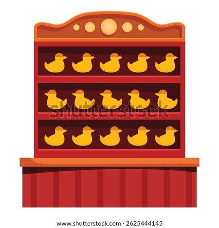 Rows of yellow ducks waiting to be shot in a shooting gallery at a carnival or funfair