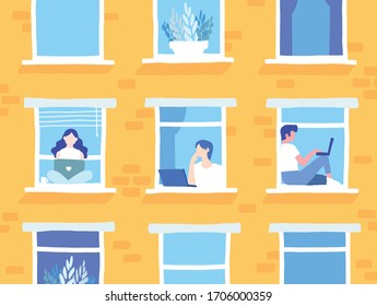 Filas de jóvenes trabajando desde casa en ventanales practicando distanciamiento social para detener la propagación del virus. Brillante ilustración simple.
