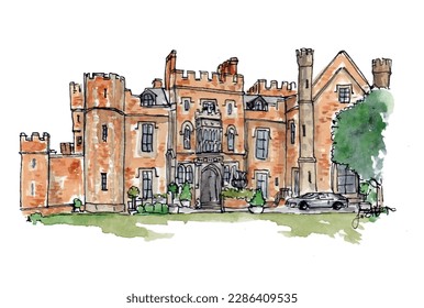 Rowton Castle wedding venue, red brick, Tudor, wedding car, lawns. Watercolor sketch illustration. Isolated vector.