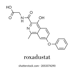 Roxadustat Drug Molecule. Inhibitor Of Hypoxia-inducible Factor Prolyl Hydroxylase That Is In Development (2016) For Treatment Of Anemia In Chronic Kidney Disease. Skeletal Formula.