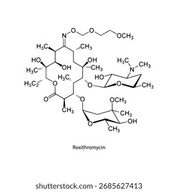 Roxithromycin molecular structure, macrolide antibiotic for respiratory and skin bacterial infections, clean scientific vector diagram, flat skeletal chemical formula isolated on white background
