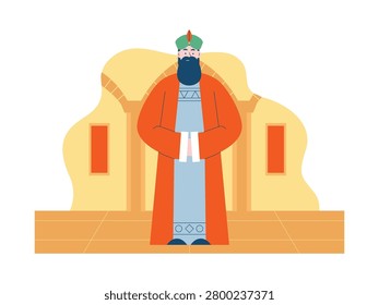 A royal advisor standing in the hall of a medieval kingdom palace. Character design. Vector flat illustration