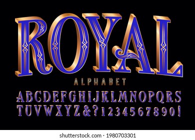 Royal alphabet; an ornate gold and purple font with 3d effects and filigreed strokes. Good for regal themes, jewelry, treasure, etc.