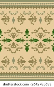Royal Ancient Golden Ages Abstract Baroque Design Inspired With Green and Gold on Tan Beige Background Seamless Pattern Border. Elaborate Luxury Rich Medieval Style for Embroidery Silk Weaves Carpet