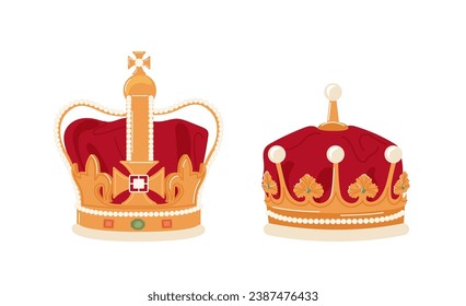 Royal aristocrat monarchy jewel golden crowns for king and queen isolated on white background