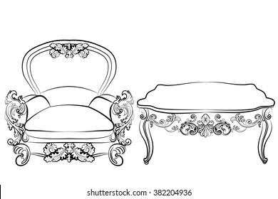 Royal Armchair  and table set in Rococo Baroque style with damask luxurious ornaments. Vector