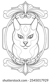 Royal Art Nouveau Cat Coloring Page. Vintage Black and White Animal Illustration. Luxury Tarot Deck Design.