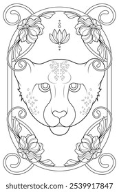 Página de colorir Royal Art Nouveau Cheetah. Ilustração de animais preto e branco vintage. Design de baralho de tarô de luxo.