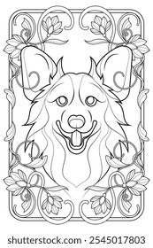 Royal Art Nouveau Corgi Dog Coloring Page (em inglês). Ilustração de animais preto e branco vintage. Design de baralho de tarô de luxo.