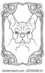 Página para colorear del Bulldog francés del Royal Art Nouveau. Antiguas Ilustración de animales en blanco y negro. Diseño de cubierta de tarot de lujo.