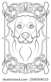 Royal Art Nouveau Labrador Dog Coloring Page (em inglês) . Ilustração de animais preto e branco vintage. Design de baralho de tarô de luxo.