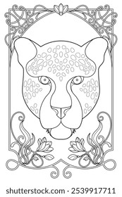Royal Art Nouveau Leopard Coloring Page. Vintage Black and White Animal Illustration. Luxury Tarot Deck Design.
