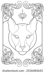 
Royal Art Nouveau Puma Coloring Page. Vintage Black and White Animal Illustration. Luxury Tarot Deck Design.