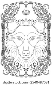 Royal Art Nouveau Wolf Coloring Page. Vintage Black and White Animal Illustration. Luxury Tarot Deck Design.