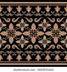 Royal Attractive Florals Ornament Scroll Design with Gold on Black Background. Delicate Luxury Detailed of Blooming Garden Baroque Chevron Motif Pattern for Elegant Classic Art Work Batik Silk Border