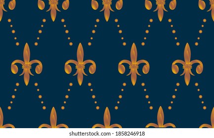 Fondo real. Patrón dorado fleur-de-lis sobre un fondo azul oscuro, perfecto para diseños de lujo.