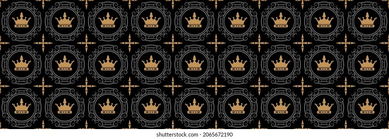 Royal background image with golden crowns and decorative elements on a black background for your design. Seamless background for wallpaper, textures. Vector illustration.