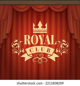 Royal background. luxury template with golden label on red theatrical curtains. vector template