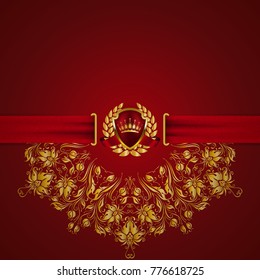 Royal background with ornament, shield, gold crown, ribbon, blazon, place for text in vintage style. Floral filigree elements, ornate for luxury gift card, menu, page, web design. Vector illustration