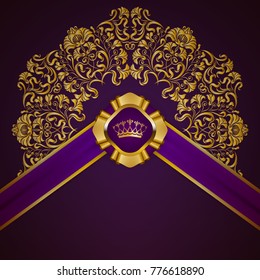 Royal background with ornament, shield, gold crown, ribbon, blazon, place for text in vintage style. Floral filigree elements, ornate for luxury gift card, menu, page, web design. Vector illustration