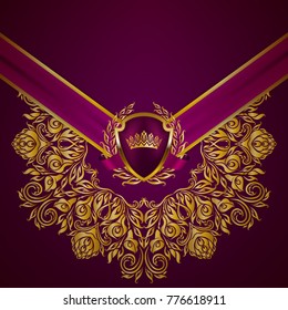 Royal background with ornament, shield, gold crown, ribbon, blazon, place for text in vintage style. Floral filigree elements, ornate for luxury gift card, menu, page, web design. Vector illustration