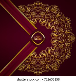 Royal background with ornament, shield, gold crown, ribbon, blazon, place for text in vintage style. Floral filigree elements, ornate for luxury gift card, menu, page, web design. Vector illustration