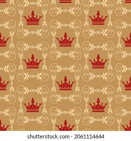 Royal background pattern with burgundy crowns on gold background. Seamless background for wallpaper, textures. Vector image. 