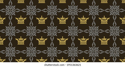 Patrón de fondo real con coronas doradas y elementos decorativos grises sobre un fondo negro, papel pintado. Patrón sin brillo, textura para tu diseño. Ilustración del vector 