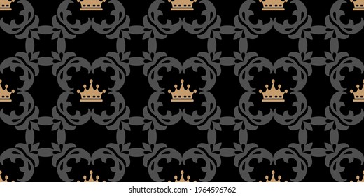Royal background pattern with golden crowns on black background, wallpaper. Seamless pattern, texture. Vector image