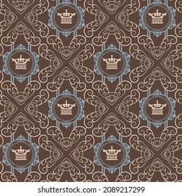 Royal background pattern on brown background. Fabric texture swatch, seamless wallpaper. Vector illustration