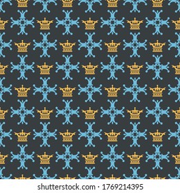 Royal background pattern. Seamless pattern with crosses and crowns. Wallpaper texture. Vector background image.