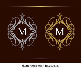 Royal Badge M Letter Logo. Luxury vintage emblem with beautiful classy floral ornament. Vintage Frame design Vector illustration.