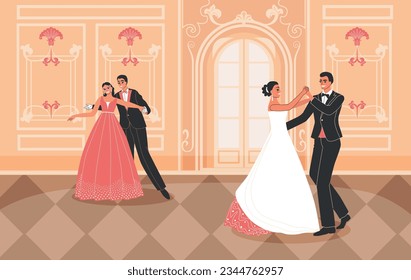 Royal ball background with dance and elegant dress symbols flat vector illustration