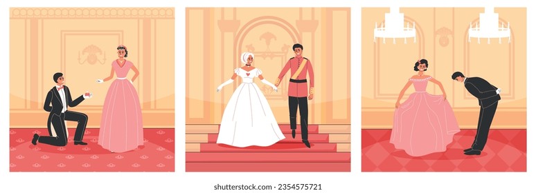 Royal ball composition set with classic dress symbols flat isolated vector illustration
