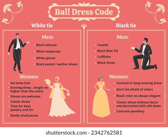 Royal ball infographic set with man and woman dress code symbols flat vector illustration