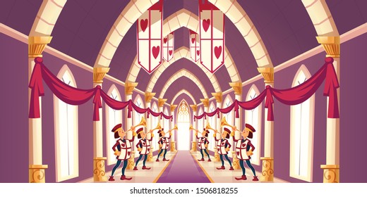 Royal ball, solemn ceremony in kings castle concept. Fairytale trumpeters with playing cards hearts symbols on capes, standing in long corridor, playing greeting march cartoon vector illustration