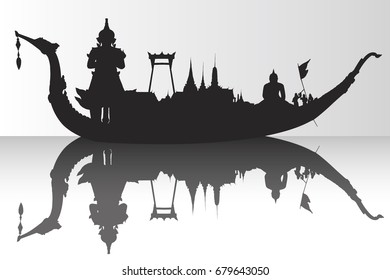 The Royal Barge Suphannahong parades past the Grand Palace at the Chao Phraya River during Fry the Kathina ceremony cloth of Royal Barge Procession.Detailed vector illustration