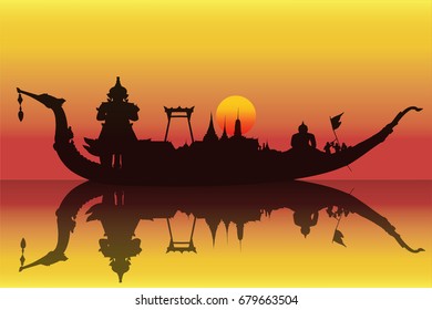 The Royal Barge Suphannahong parades past the Grand Palace at the Chao Phraya River during Fry the Kathina ceremony cloth of Royal Barge Procession in sunset.Detailed vector illustration