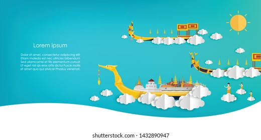 The Royal Barge Suphannahong in Thailand and Landmarks on paradise blue background